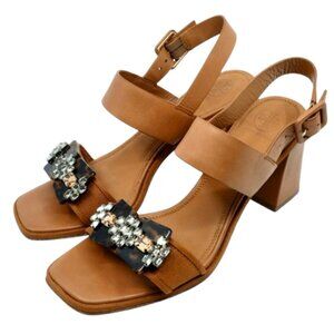 TORY BURCH~Delaney~JEWEL EMBELLISHED BLOCK HEEL LEATHER SANDAL SHOES Size 9